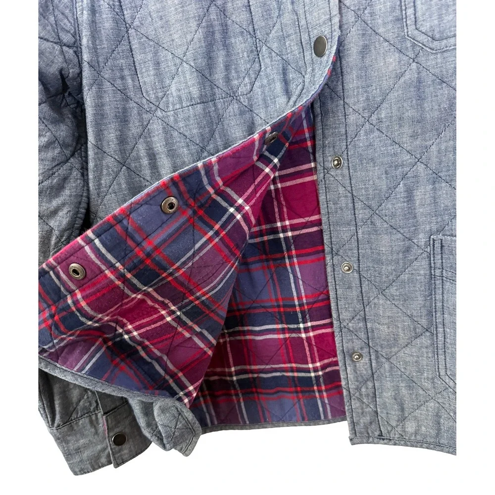 Lands End Womens Reversible Quilted Barn Jacket Chore Coat Blue Chambray Plaid M